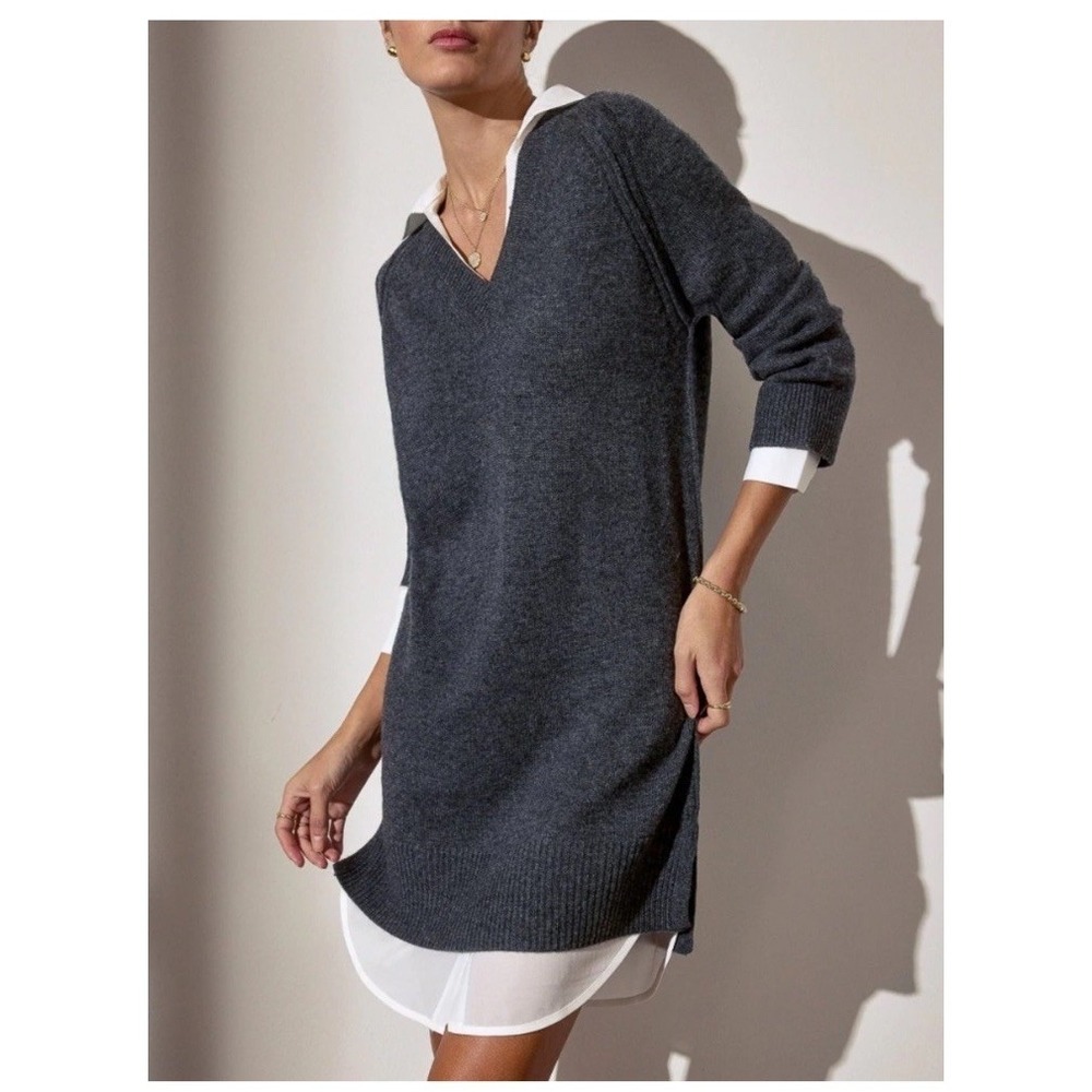 Brochu walker The Looker Layered‎ V-Neck Dress Charcoal with White Size XS